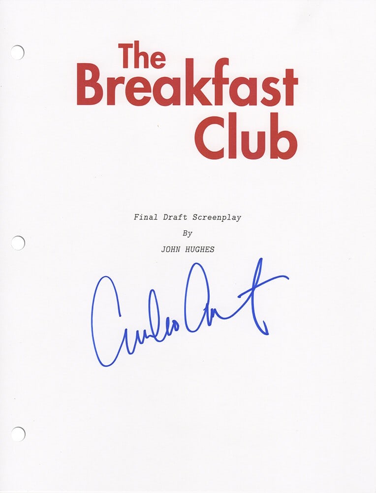 The Breakfast Club Script Cover Autographed by Emilio Estevez with COA: The Breakfast Club Script Cover Autographed by Emilio Estevez with COA This is an original The Breakfast Club movie script cover page signed by Emilio Estevez. The item includes a tamper-proof numbere