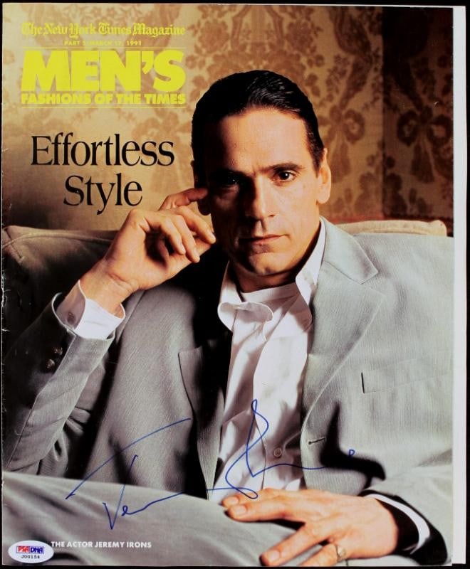 Jeremy Irons signed New York Times mens fashion magazine cover PSA DNA: Jeremy Irons signed New York Times mens fashion magazine cover PSA DNA This is a pre-owned New York Times Men's Fashion magazine cover authentically signed by Jeremy Irons. The autograph has been auth