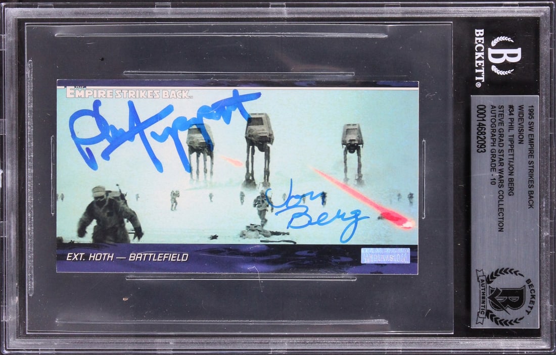 Star Wars 1995 ESB Widevision #34 Signed Card by Tippett Berg Gem Mint 10: Star Wars 1995 ESB Widevision #34 Signed Card by Tippett Berg Gem Mint 10 This is a rare and collectible 1995 Star Wars Empire Strikes Back Widevision #34 trading card, personally signed by renowned