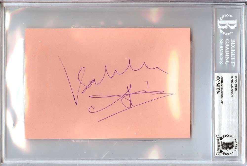 Isabelle Adjani Beckett Authenticated Signed Index Card: Isabelle Adjani Beckett Authenticated Signed Index Card This is an original index card autographed by French actress Isabelle Adjani. The signature has been authenticated and the card is securely enca