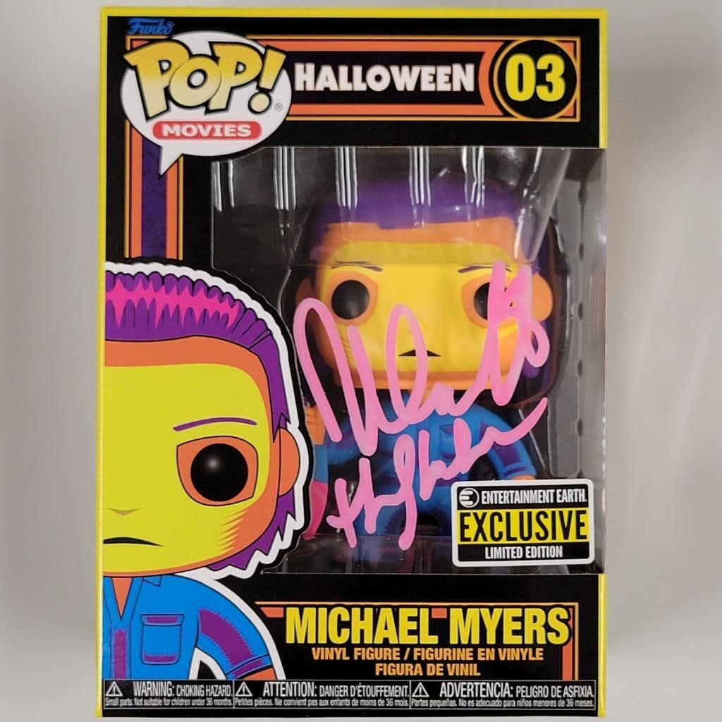 Michael Myers Funko Pop Signed by Nick Castle Beckett Authenticated: Michael Myers Funko Pop Signed by Nick Castle Beckett Authenticated This is an original Michael Myers Black Light Funko Pop figure autographed by Nick Castle, known for his role in the movie Halloween