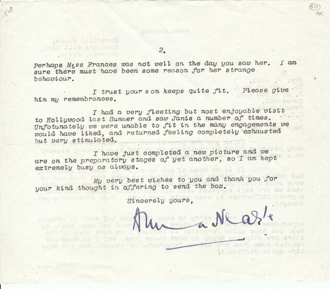 1948 Anna Neagle Handwritten Letter with JSA Authenticated Signature (1 of 2)
