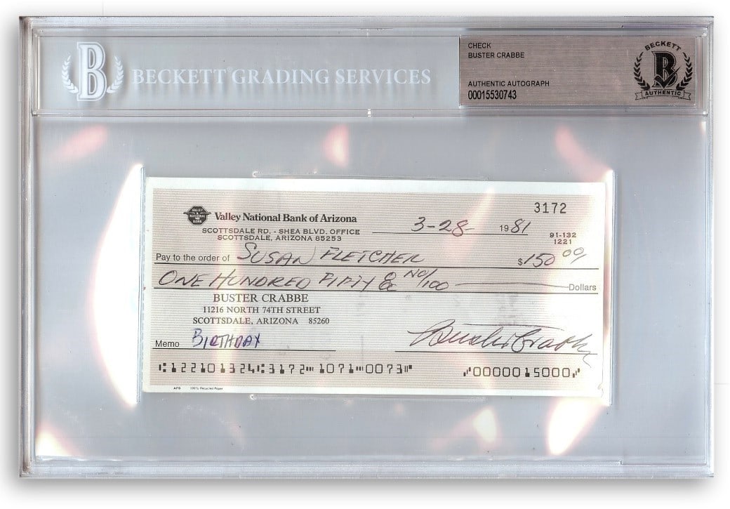 Authentic Buster Crabbe Signed Bank Check Beckett Authenticated Flash Gordon (1 of 1)