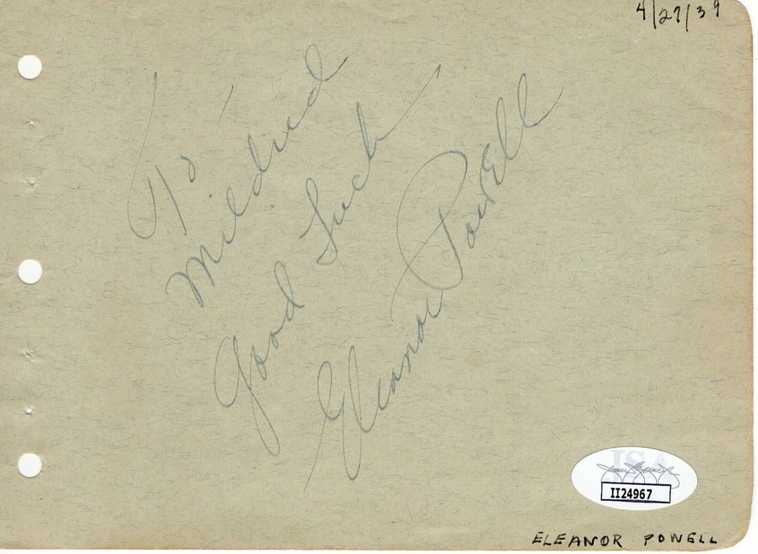 Eleanor Powell Authentic Signature Paper Cut JSA Certified 1939 (1 of 2)