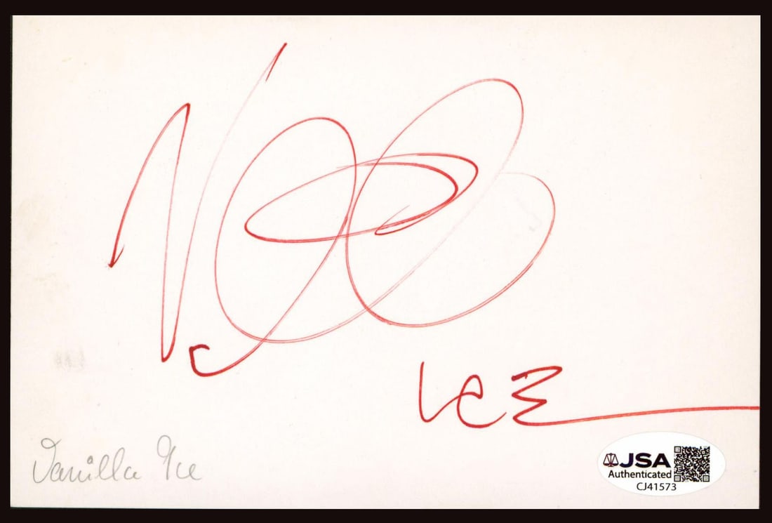 Vanilla Ice Hand Signed 4x6 Index Card with JSA COA: Vanilla Ice Hand Signed 4x6 Index Card with JSA COA This 4x6 index card has been personally signed by Vanilla Ice. The autograph is authenticated by JSA and comes with a Certificate of Authenticity (C
