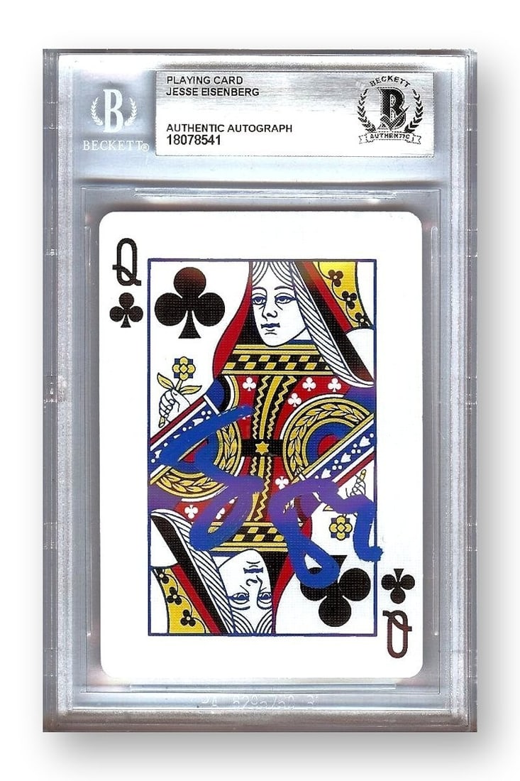 Signed Queen of Clubs Card by Jesse Eisenberg Now You See Me Beckett Authenticated: Signed Queen of Clubs Card by Jesse Eisenberg Now You See Me Beckett Authenticated This is a playing card autographed by Jesse Eisenberg, known for his role in "Now You See Me." The card is a Queen of