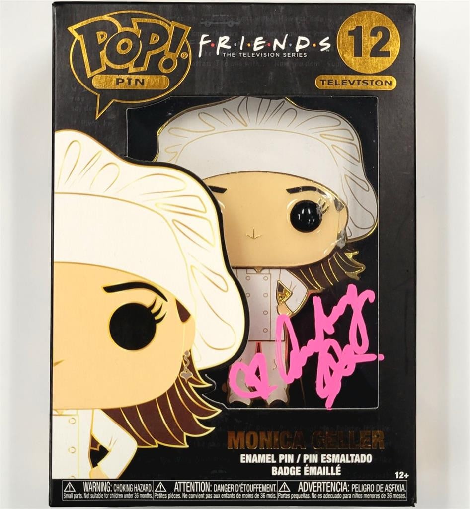 Monica Geller Friends Funko Pop Pin autographed by Courteney Cox Beckett authenticated: Monica Geller Friends Funko Pop Pin autographed by Courteney Cox Beckett authenticated This is an original Funko Pop! Pin featuring Monica Geller from the television show Friends, signed by Courteney 
