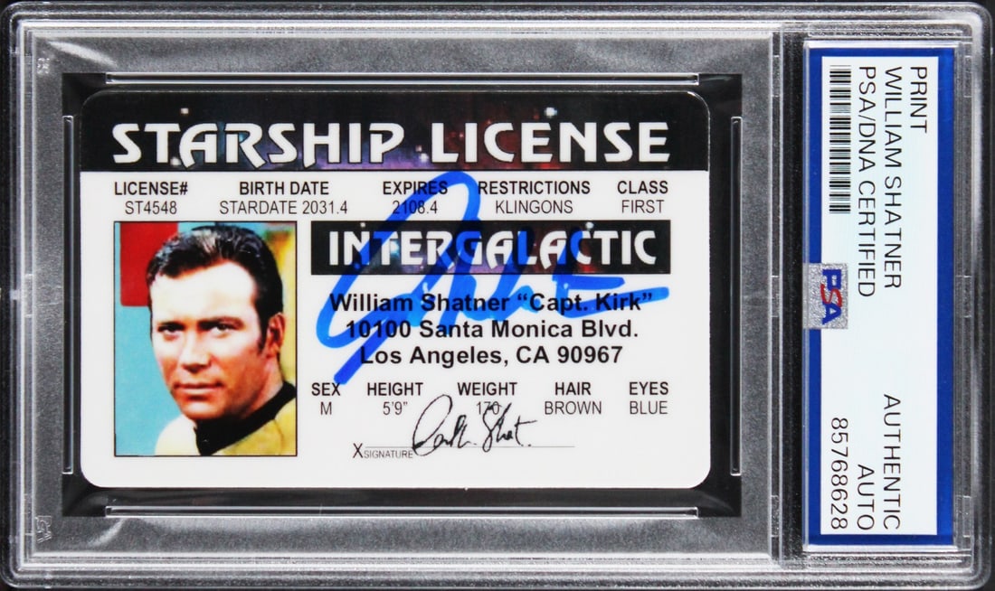 PSA DNA slabbed William Shatner signed Star Trek replica drivers license: PSA DNA slabbed William Shatner signed Star Trek replica drivers license This is an original Captain Kirk Starship replica driver's license autographed by William Shatner from Star Trek. The item has 