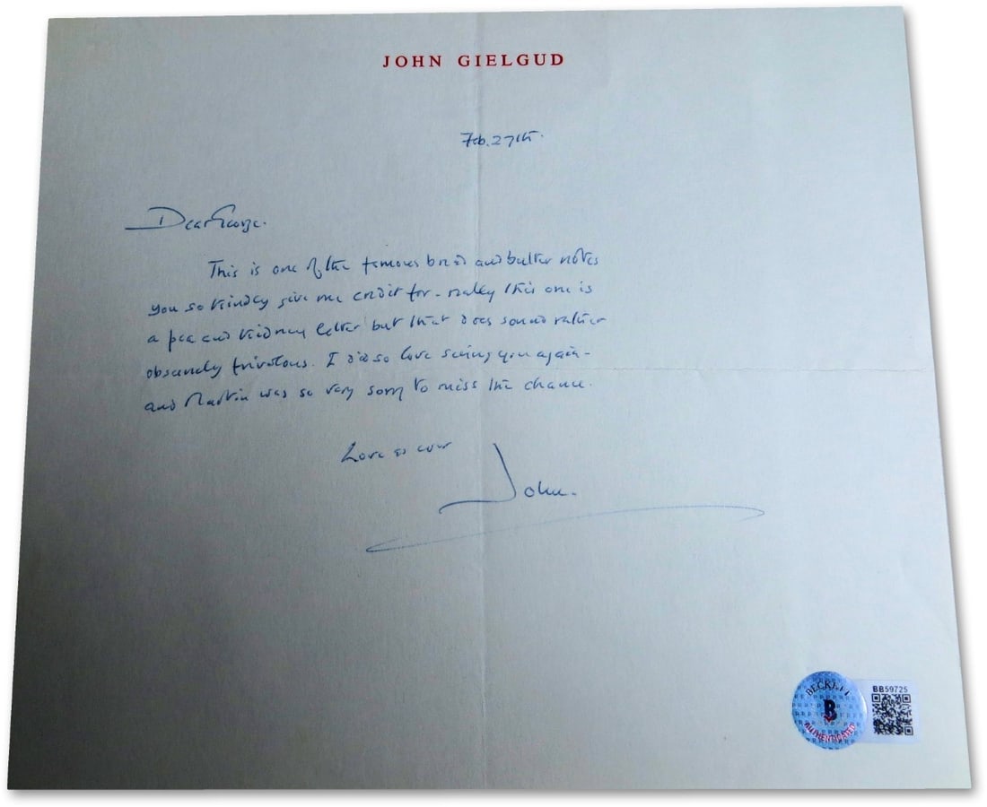 John Gielgud Autographed Personal Letter Beckett Authenticated (1 of 3)