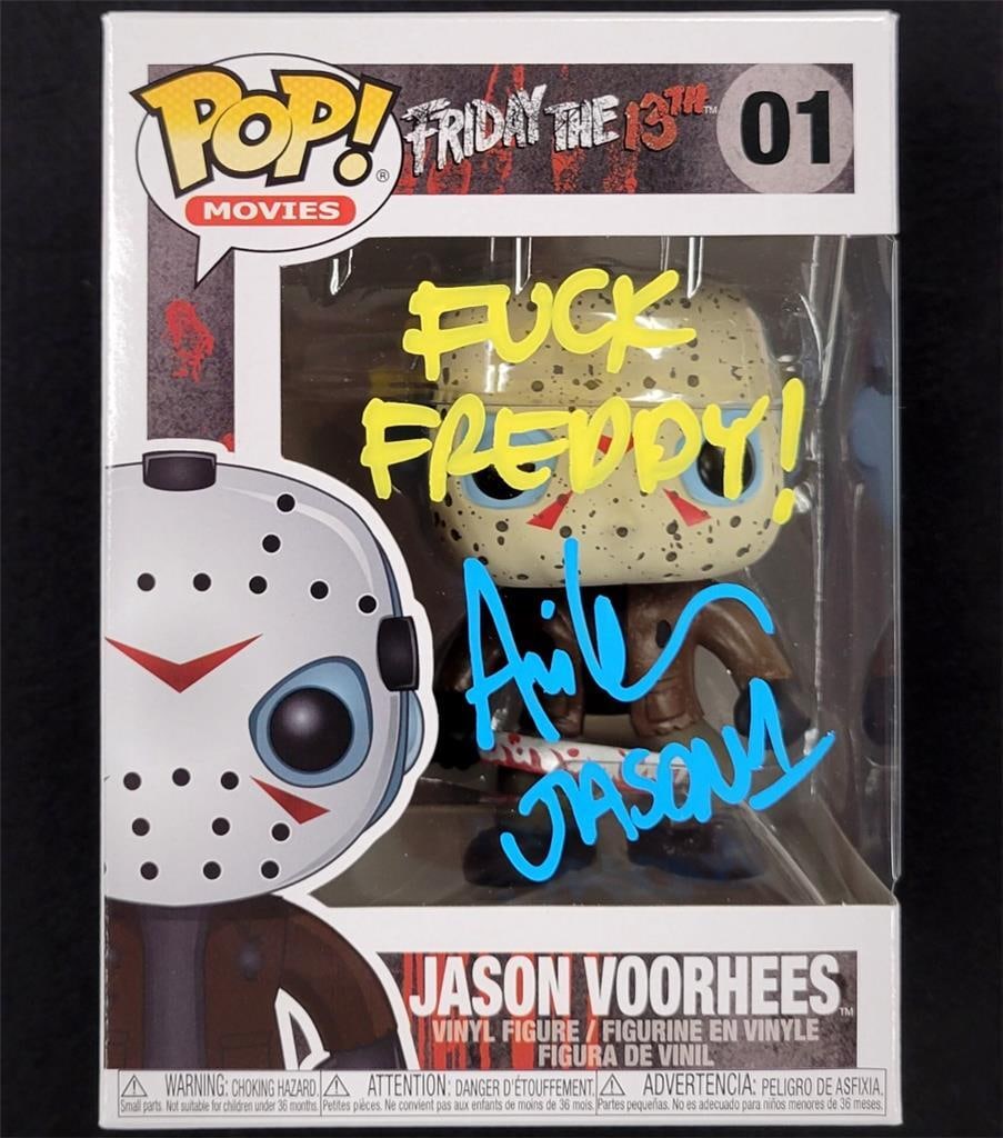Friday the 13th Funko Pop signed by Ari Lehman Beckett authenticated: Friday the 13th Funko Pop signed by Ari Lehman Beckett authenticated This is an original Funko Pop collectible from Friday the 13th, signed by Ari Lehman with the inscription "F*ck Freddy!" The autogr
