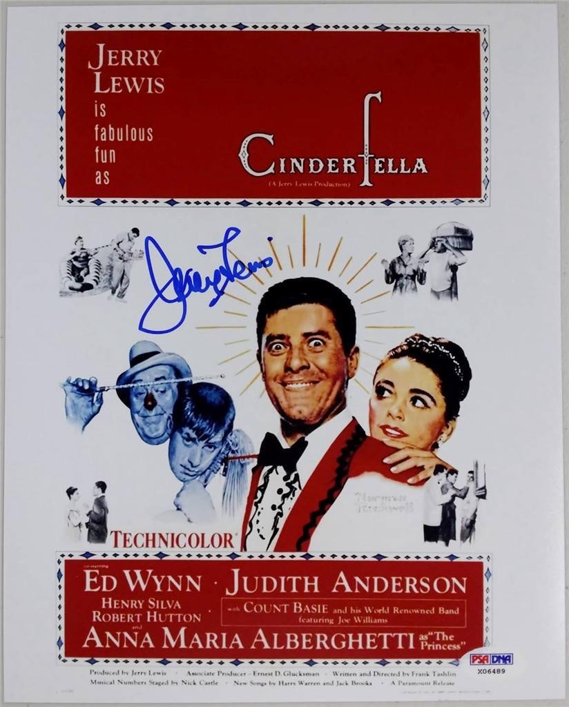 Jerry Lewis Signed Cinderfella 8x10 Autographed Photo PSA/DNA: Jerry Lewis Signed Cinderfella 8x10 Autographed Photo PSA/DNA This is an original 8x10 photograph of Jerry Lewis from the movie 'Cinderfella', featuring his authentic autograph. The signature has been
