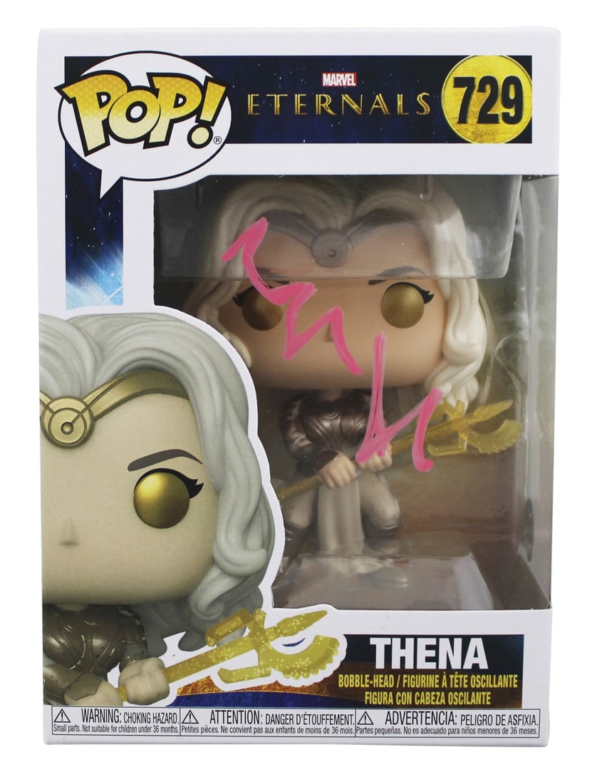 Angelina Jolie Signed Thena #729 Funko Pop Vinyl Figure Beckett Authenticated: Angelina Jolie Signed Thena #729 Funko Pop Vinyl Figure Beckett Authenticated This authentic Thena #729 Funko Pop Vinyl Figure has been personally signed by Angelina Jolie from Marvel's Eternals. The 