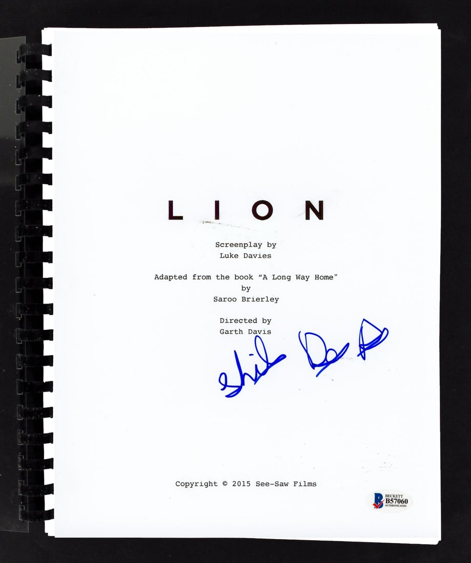 Lion Movie Script Signed by Sunny Pawar Beckett Authenticated: Lion Movie Script Signed by Sunny Pawar Beckett Authenticated This replica movie script from the film "Lion" has been personally signed by Sunny Pawar. The autograph is authenticated by Beckett Authen
