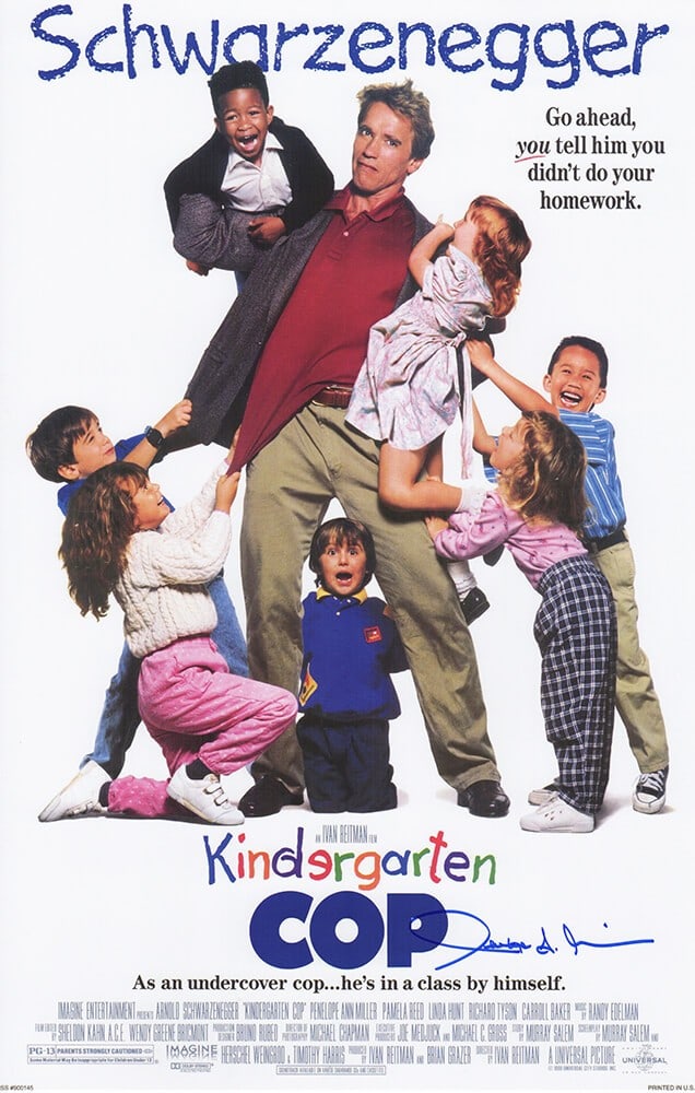 Penelope Ann Miller Signed Kindergarten Cop 11x17 Poster with COA: Penelope Ann Miller Signed Kindergarten Cop 11x17 Poster with COA This original 11x17 movie poster from the classic film "Kindergarten Cop" features the signature of actress Penelope Ann Miller. The p