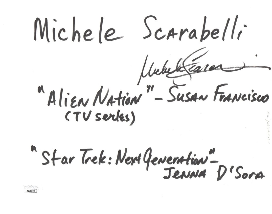 Large Michele Scarabelli Signed Cut Sheet Susan Alien Nation JSA Authenticated: Large Michele Scarabelli Signed Cut Sheet Susan Alien Nation JSA Authenticated This is a full-size cut signature autographed by Michele Scarabelli, best known for her role as Susan in Alien Nation. Th