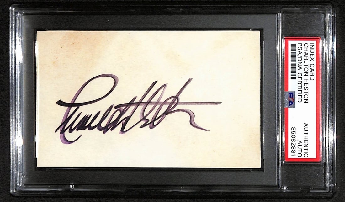Charlton Heston Signed Index Card The Ten Commandments PSA/DNA: Charlton Heston Signed Index Card The Ten Commandments PSA/DNA This listing features an original 3x5 index card signed by Charlton Heston, renowned for his role in the classic film "The Ten Commandmen