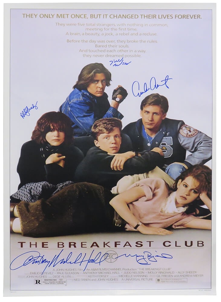 The Breakfast Club Signed 27x40 Poster with COA by Estevez Ringwald +3: The Breakfast Club Signed 27x40 Poster with COA by Estevez Ringwald +3 This is an original, full-size movie poster of The Breakfast Club, measuring 27x40 inches. It features the signatures of the five