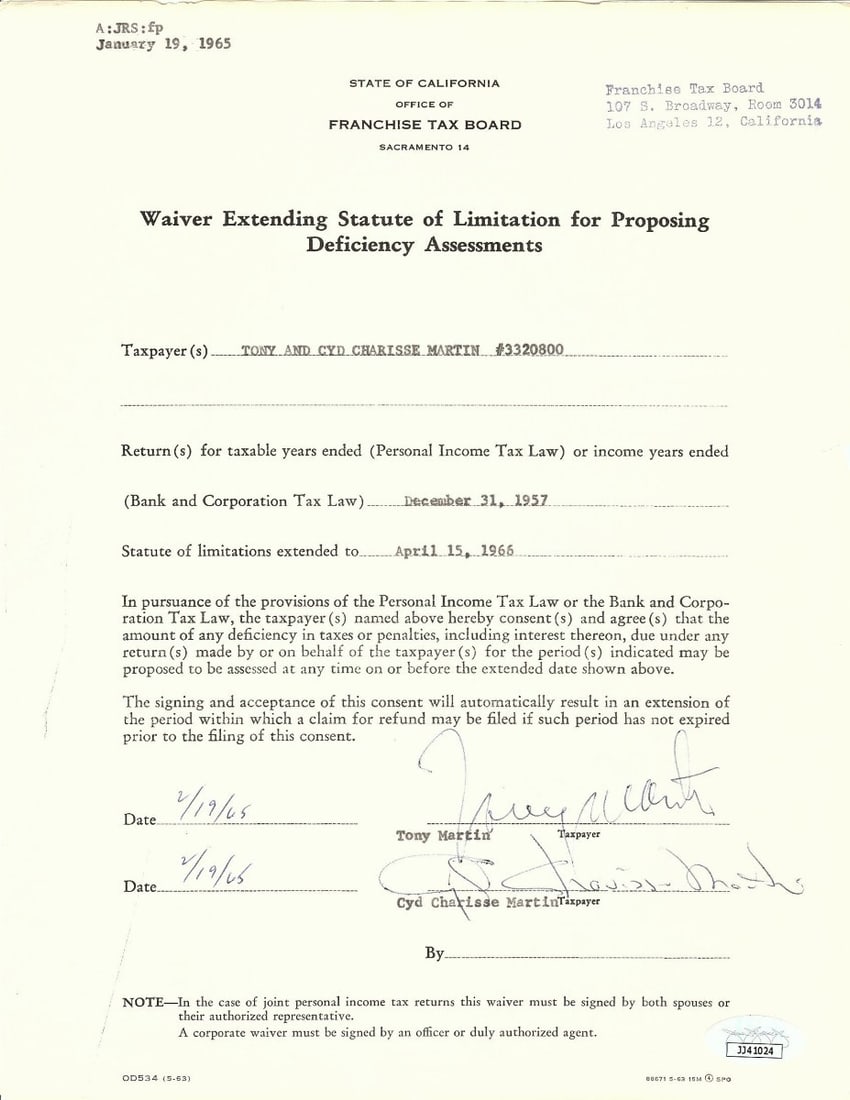 Tony Martin Actor Signed Contract Authenticated by JSA (1 of 2)
