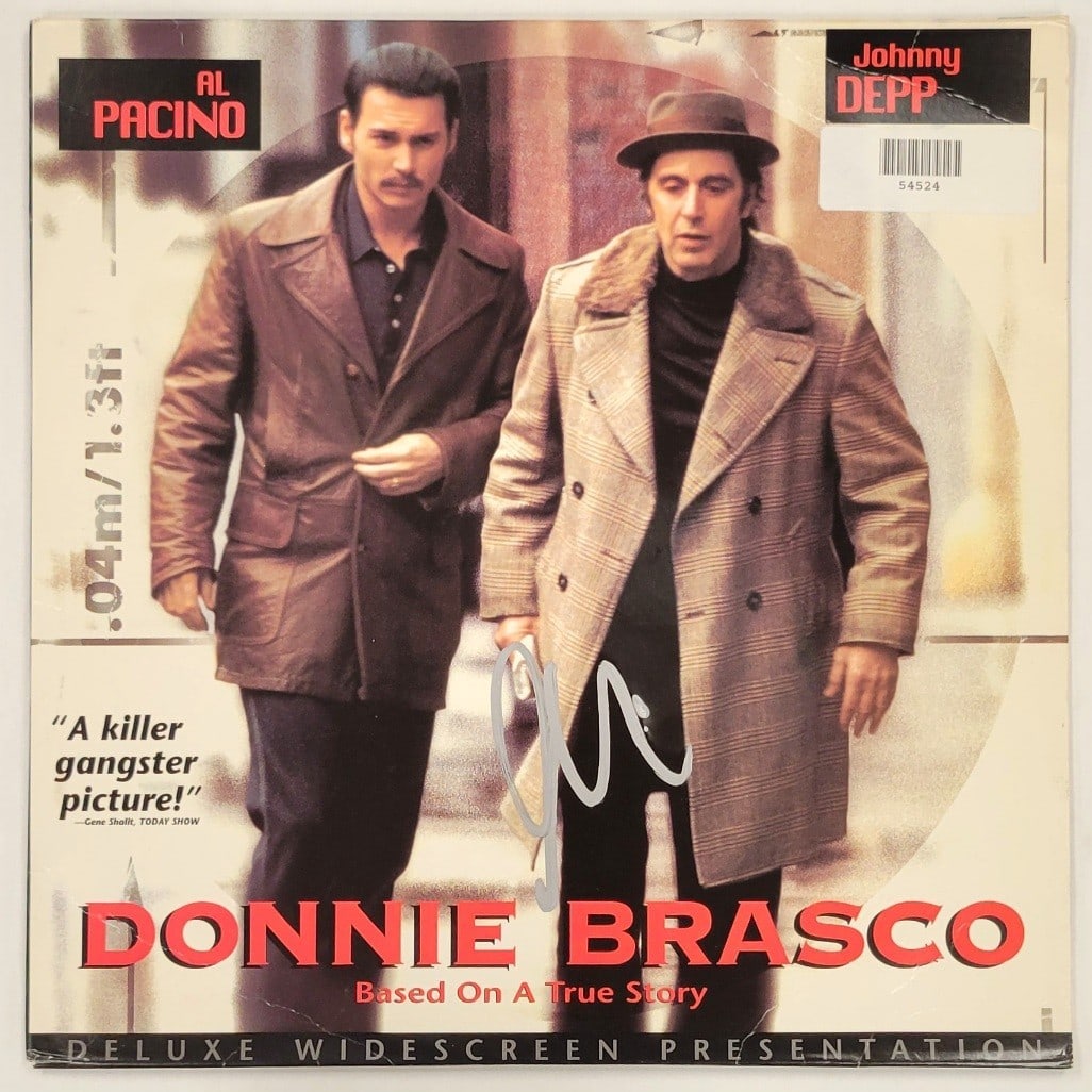 Donnie Brasco LaserDisc Cover Al Pacino Autograph Authenticated by Beckett: Donnie Brasco LaserDisc Cover Al Pacino Autograph Authenticated by Beckett This is an original Donnie Brasco LaserDisc cover autographed by Al Pacino. The autograph has been authenticated by Beckett (