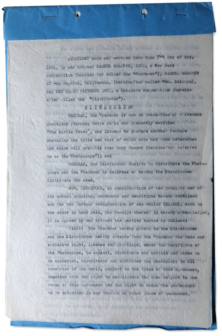 1941 Contract Signed by Samuel Goldwyn James Mulvey and Ned Depinet Beckett Authenticated (1 of 3)