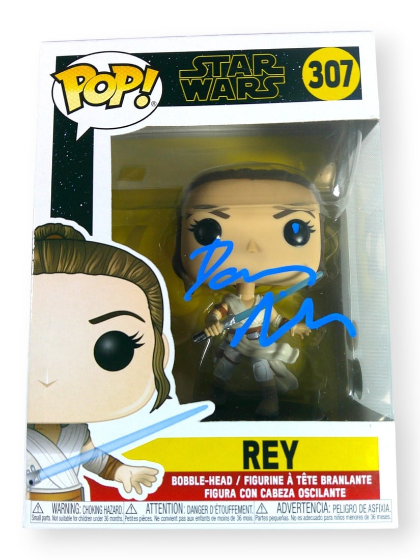 Funko POP Star Wars Rey 307 Figure Signed by Daisy Ridley Beckett Authenticated: Funko POP Star Wars Rey 307 Figure Signed by Daisy Ridley Beckett Authenticated This is a pre-owned Funko POP! Figure of Rey (#307) from Star Wars, personally signed by Daisy Ridley. The autograph is 