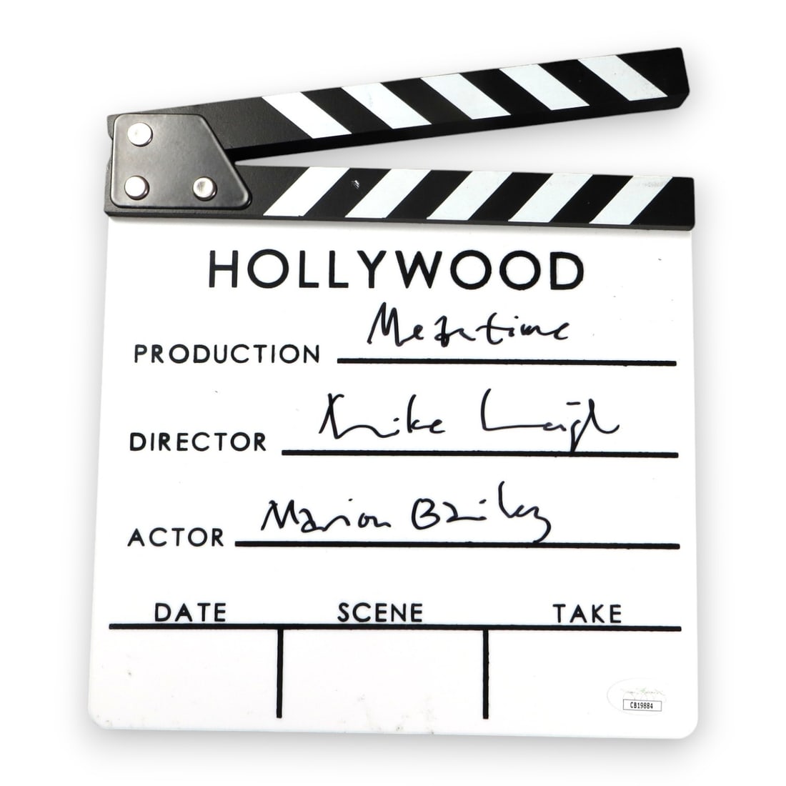 Mike Leigh Signed Clapper from Meantime JSA Authenticated: Mike Leigh Signed Clapper from Meantime JSA Authenticated This authentic movie clapper has been personally signed by acclaimed director Mike Leigh. The signature has been verified by James Spence Auth