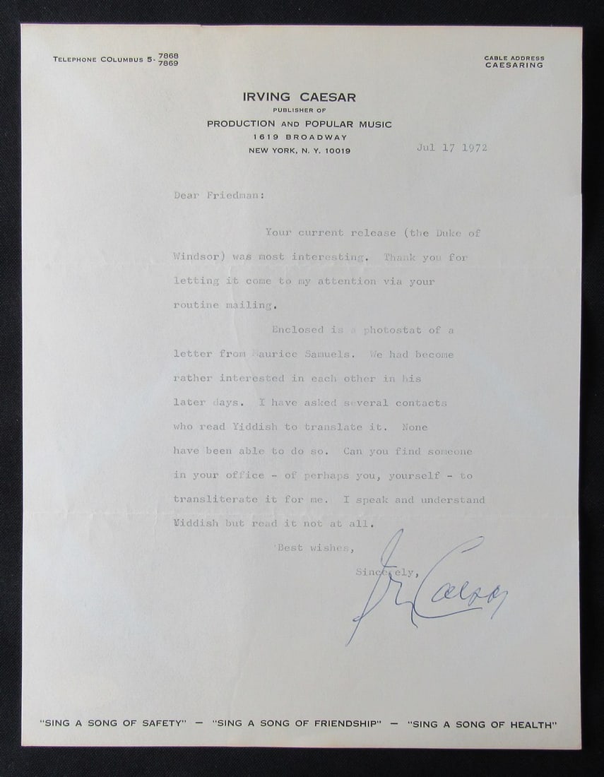 Irving Caesar Autographed Letter July 17 1972 TLS PSA/DNA Certified (1 of 3)
