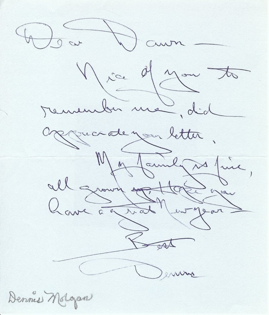 Personal Letter Signed by Dennis Morgan with JSA Authentication (1 of 2)