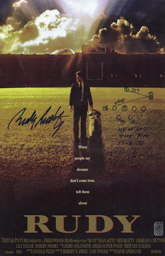 Rudy Ruettiger Signed 11x17 Rudy Movie Poster with Play Diagram: Rudy Ruettiger Signed 11x17 Rudy Movie Poster with Play Diagram Celebrate the spirit of determination with this original 'Rudy' 11x17 movie poster, personally signed by Rudy Ruettiger. This iconic pie