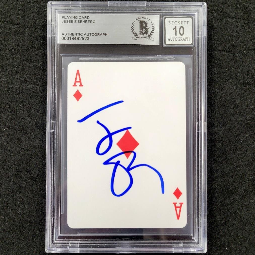 Jesse Eisenberg Autographed Ace of Diamonds Playing Card Now You See Me Beckett Authenticated: Jesse Eisenberg Autographed Ace of Diamonds Playing Card Now You See Me Beckett Authenticated This is an original Ace of Diamonds playing card signed by Jesse Eisenberg, known for his role in the movi