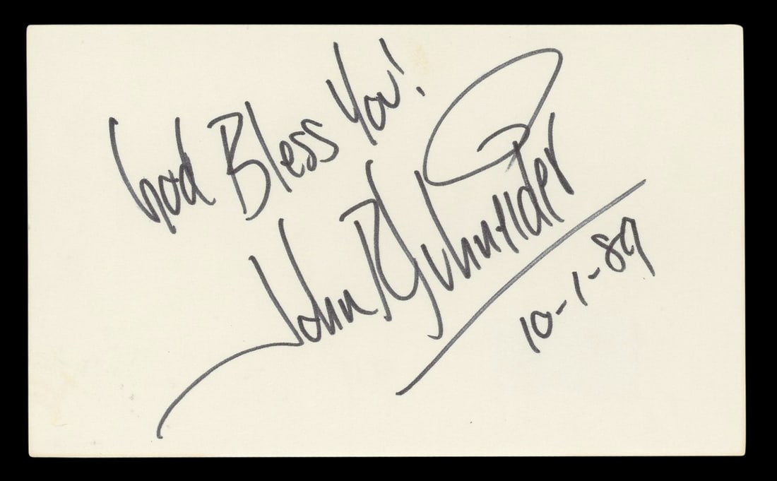 John Schneider Signed 3x5 Index Card God Bless You BAS Authenticated: John Schneider Signed 3x5 Index Card God Bless You BAS Authenticated This is an authentic signed 3x5 index card by John Schneider, featuring the heartfelt inscription "God Bless You!" The signature ha