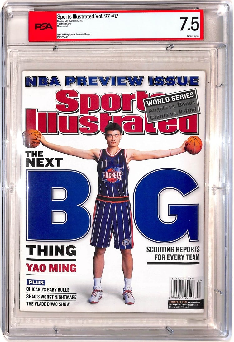 2002 Sports Illustrated Yao Ming PSA 7.5 Houston Rockets Newsstand: 2002 Sports Illustrated Yao Ming PSA 7.5 Houston Rockets Newsstand This is an original 2002 Sports Illustrated magazine featuring Yao Ming of the Houston Rockets, graded 7.5 by PSA. The magazine highl