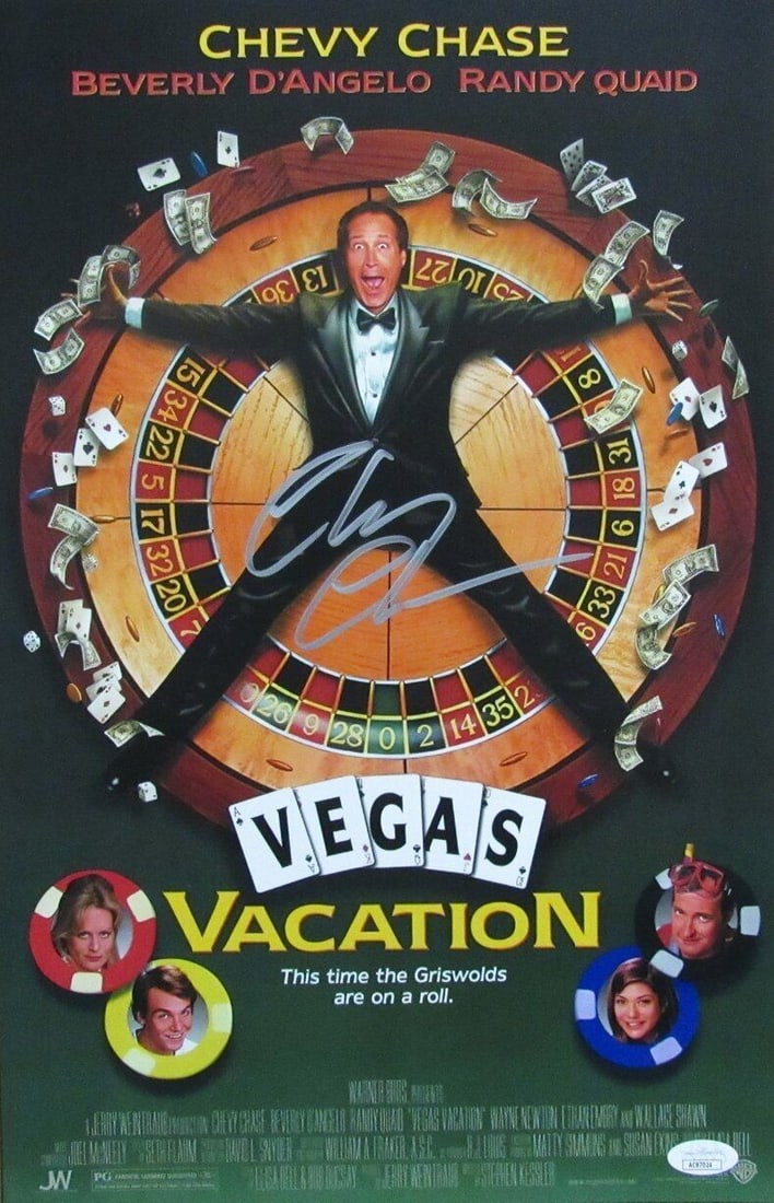 Chevy Chase Autographed Vegas Vacation 11x17 Poster JSA Certified: Chevy Chase Autographed Vegas Vacation 11x17 Poster JSA Certified This is an original 11x17 movie poster from "Vegas Vacation," featuring the iconic character Clark Griswold, portrayed by Chevy Chase.