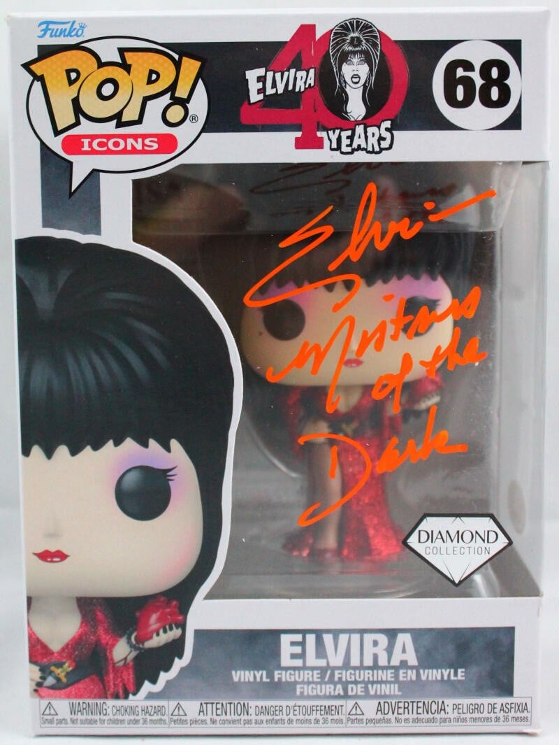 Elvira Funko Pop #68 signed by Cassandra Peterson JSA: Elvira Funko Pop #68 signed by Cassandra Peterson JSA This pre-owned Funko Pop! vinyl figure features Elvira, Mistress of the Dark, and is autographed by Cassandra Peterson. The collectible is part of