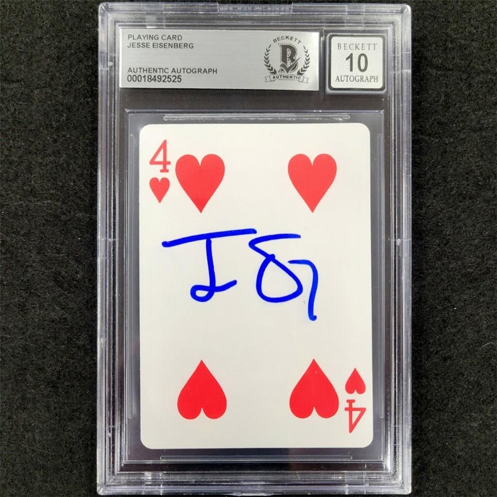 Jesse Eisenberg Signed 4 of Hearts Card Now You See Me BAS 10: Jesse Eisenberg Signed 4 of Hearts Card Now You See Me BAS 10 This is a signed playing card featuring the 4 of Hearts, autographed by Jesse Eisenberg, known for his role in the movie "Now You See Me".