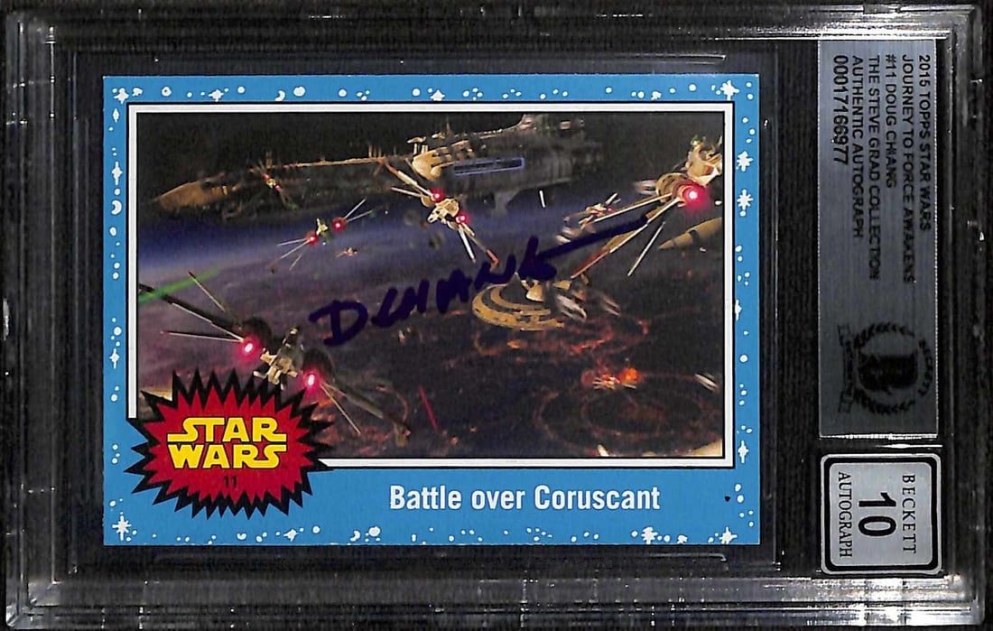 2015 Topps Star Wars Battle Over Coruscant Doug Chiang Signed Auto 10 Beckett: 2015 Topps Star Wars Battle Over Coruscant Doug Chiang Signed Auto 10 Beckett This 2015 Topps Star Wars Journey to The Force Awakens trading card (#11) titled "Battle Over Coruscant" features a bold b