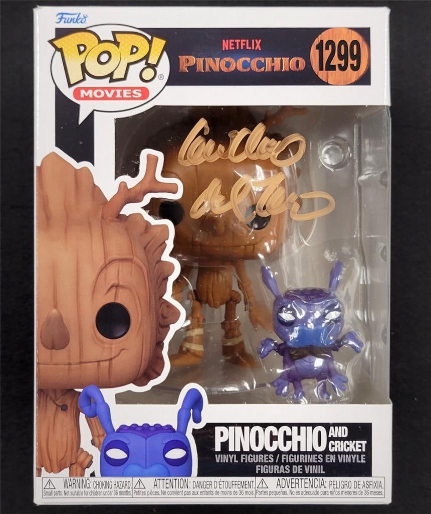 Funko Pop Pinocchio figure autographed by Guillermo Del Toro Beckett authenticated: Funko Pop Pinocchio figure autographed by Guillermo Del Toro Beckett authenticated This Funko Pop! collectible from the movie Pinocchio features an autograph by Guillermo Del Toro. The signature has b
