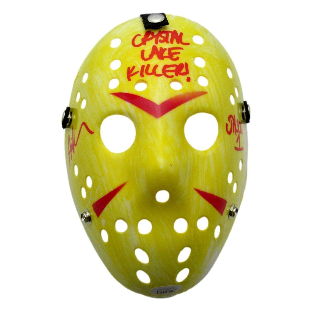 Ari Lehman Autographed Yellow and Red Friday the 13th Mask JSA Authenticated: Ari Lehman Autographed Yellow and Red Friday the 13th Mask JSA Authenticated This yellow and red mask is signed and inscribed by Ari Lehman, known for his role in "Friday the 13th." The autograph has 