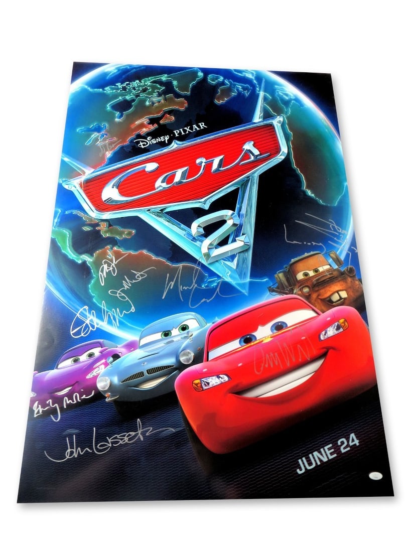 Cars 2 Cast Signed 27x40 Poster JSA Authenticated Wilson Lasseter Mantegna: Cars 2 Cast Signed 27x40 Poster JSA Authenticated Wilson Lasseter Mantegna This authentic 27x40 poster from the animated film "Cars 2" features the signatures of key cast members including Owen Wilson