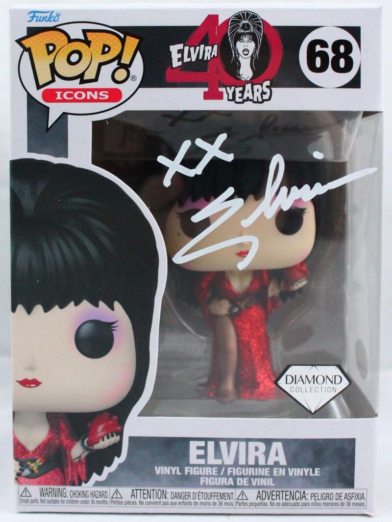 Elvira Funko Pop #68 Autographed by Cassandra Peterson JSA: Elvira Funko Pop #68 Autographed by Cassandra Peterson JSA This is a pre-owned Funko Pop! vinyl figure featuring the character Elvira, autographed by Cassandra Peterson. The collectible is from the Fu