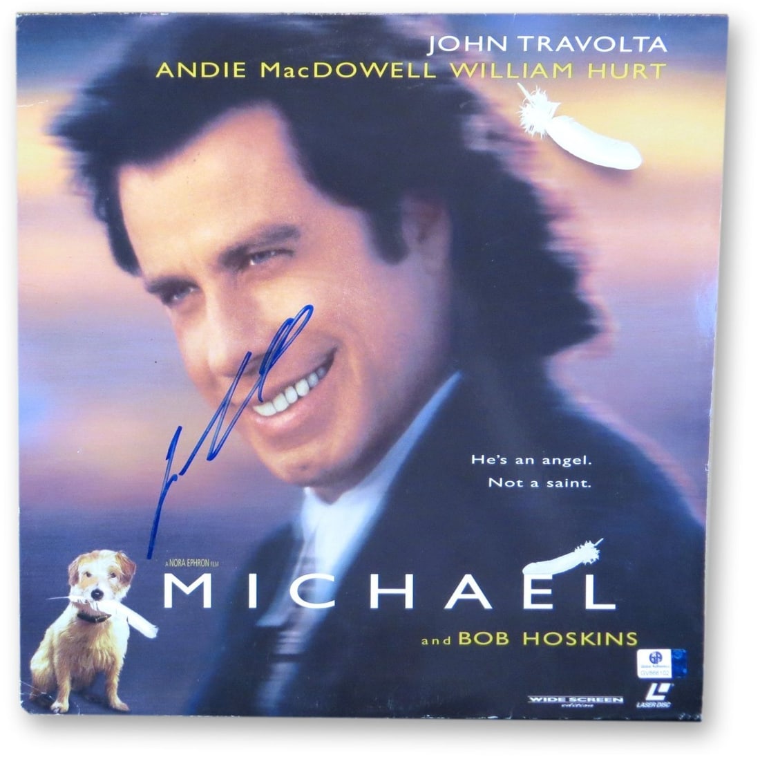Michael Laserdisc Sleeve Signed by John Travolta JSA Authenticated: Michael Laserdisc Sleeve Signed by John Travolta JSA Authenticated This is an original laserdisc cover for the film "Michael" that has been autographed by John Travolta. The cover does not include any