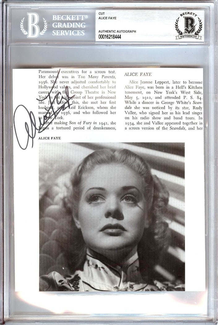 Encased Alice Faye Autograph Cut Signature Beckett Authenticated: Encased Alice Faye Autograph Cut Signature Beckett Authenticated This item is an original autographed cut signature of Alice Faye, the acclaimed actress known for her role in "Scandals." The signature