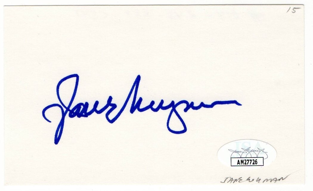 Jane Wyman Hand-Signed 3x5 Index Card Authenticated by JSA: Jane Wyman Hand-Signed 3x5 Index Card Authenticated by JSA This is an original index card autographed by Jane Wyman, renowned for her role in "Johnny Belinda." The autograph has been authenticated by 