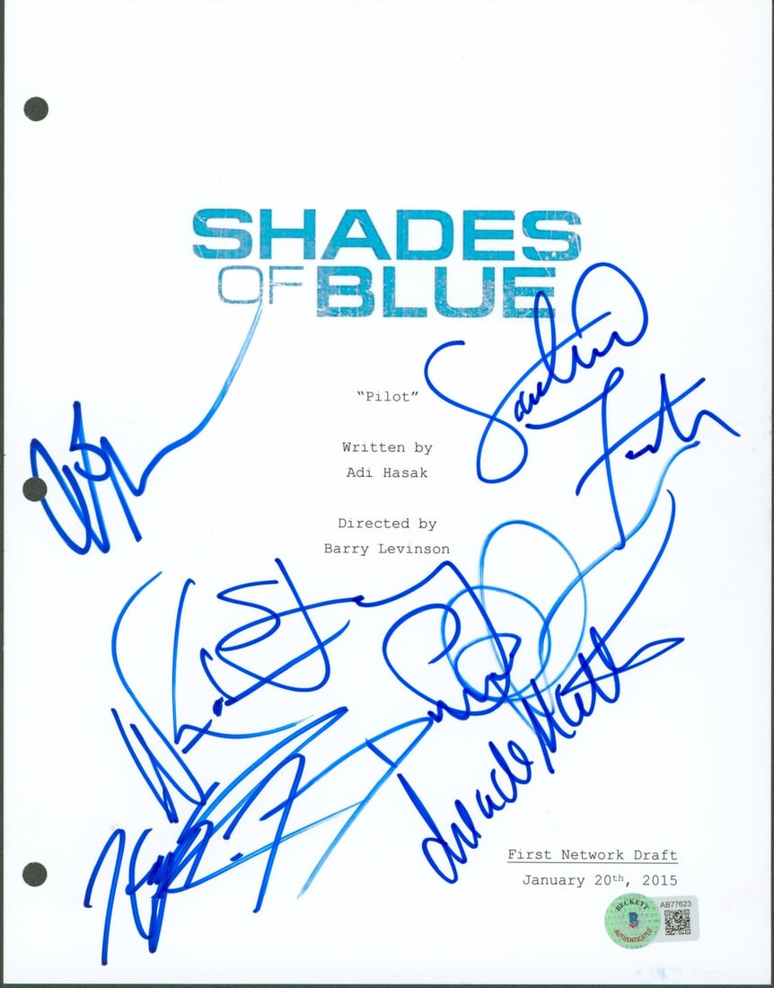 Shades of Blue Signed Script Cover with 7 Autographs Beckett COA: Shades of Blue Signed Script Cover with 7 Autographs Beckett COA This original autographed Shades of Blue script cover features the signatures of Dayo Okeniyi, Warren Kole, Colin Donnell, Drea de Matt