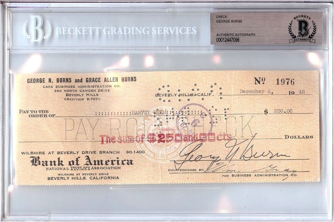 Personal Check Signed by George Burns Beckett Authenticated 1942: Personal Check Signed by George Burns Beckett Authenticated 1942 This is an original personal check signed by actor George Burns. The autograph has been authenticated by Beckett Authentication, confir