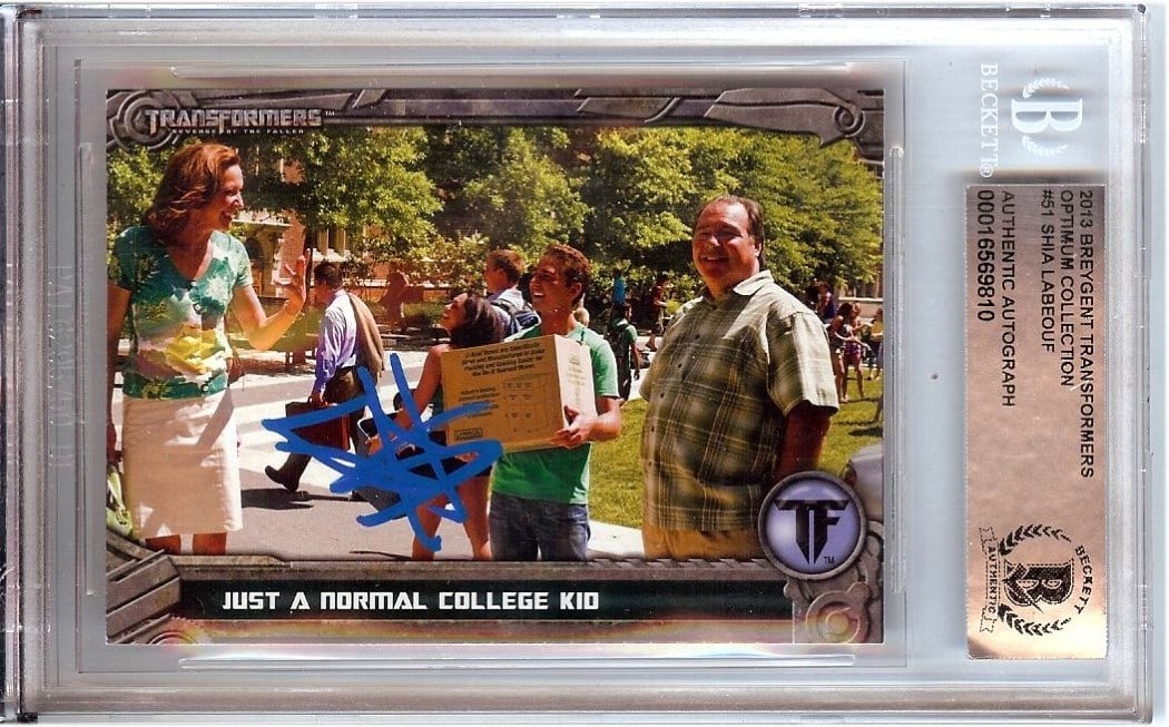 Transformers Optimum 2013 Shia LaBeouf Signed Card Beckett Authenticated: Transformers Optimum 2013 Shia LaBeouf Signed Card Beckett Authenticated This is an original trading card signed by Shia LaBeouf, known for his role in Transformers. The card is encapsulated and authe
