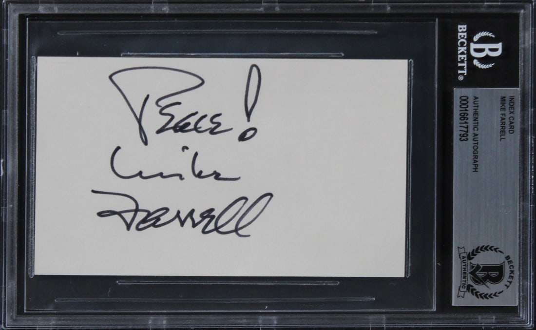 Mike Farrell MASH Signed 3x5 Index Card with Peace Inscription Beckett Authenticated (1 of 2)