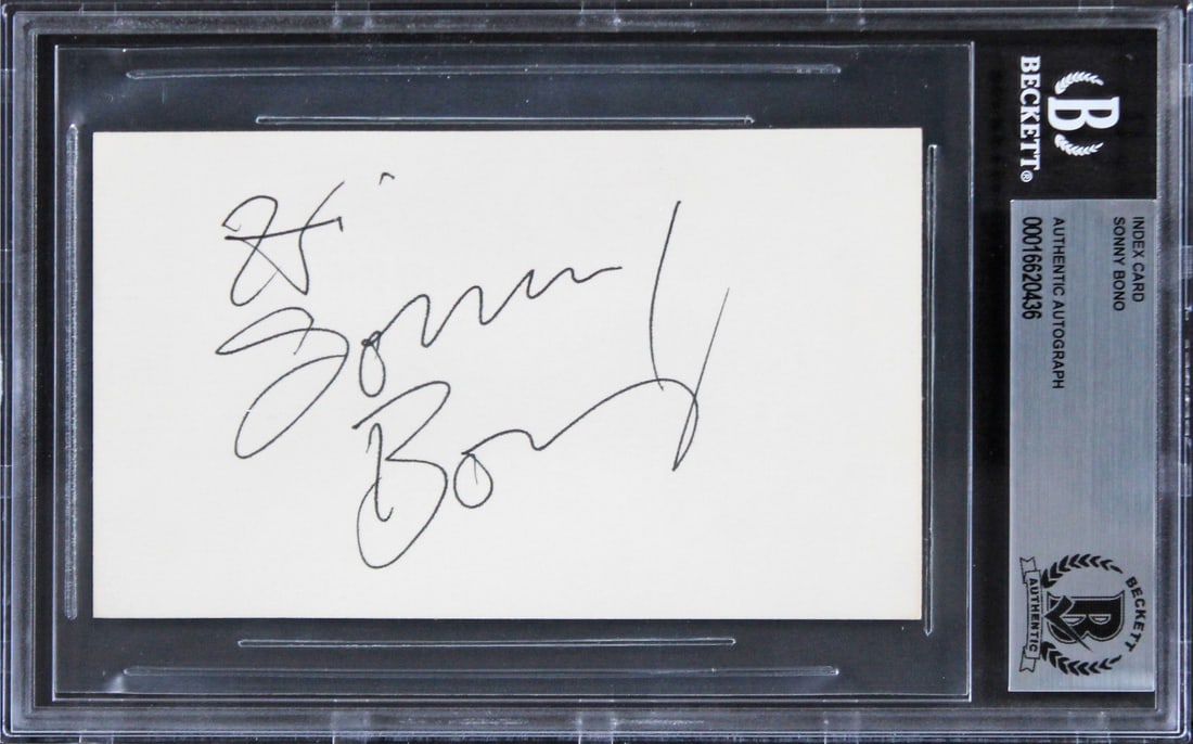 Sonny Bono Signed 3x5 Index Card Hi The Sonny and Cher Show Beckett Authenticated (1 of 2)