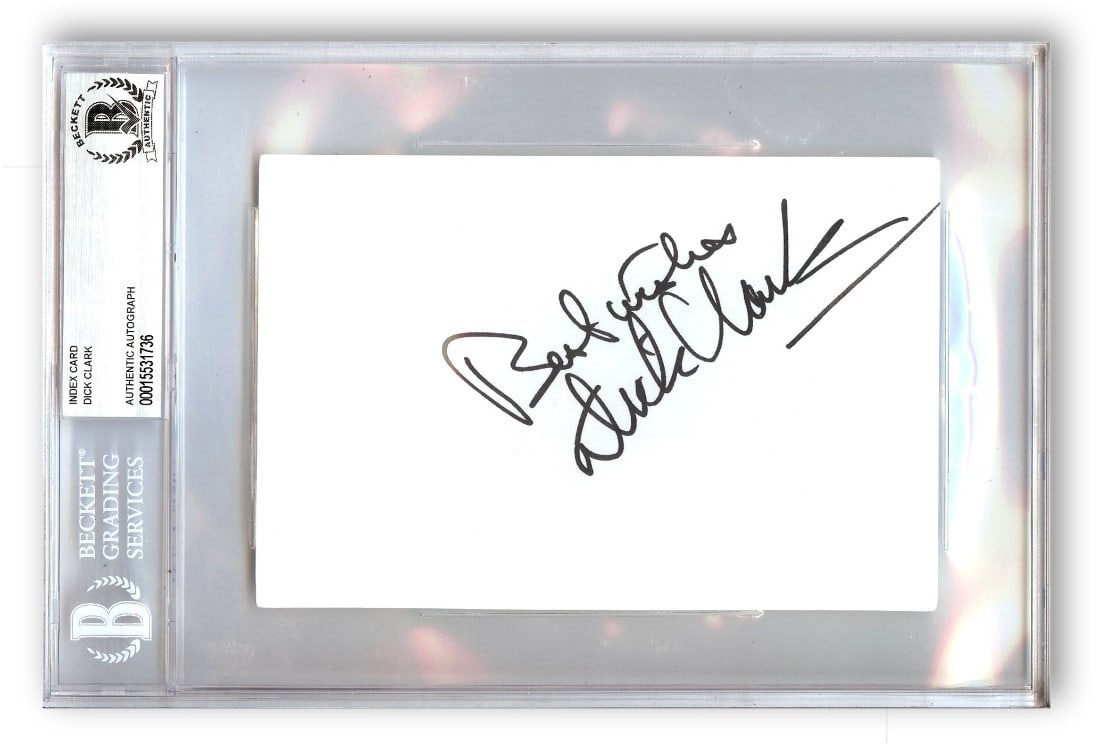 Beckett Authenticated Dick Clark Signed Index Card From American Bandstand: Beckett Authenticated Dick Clark Signed Index Card From American Bandstand This is an original index card autographed by Dick Clark, renowned host of American Bandstand. The card has been authenticate
