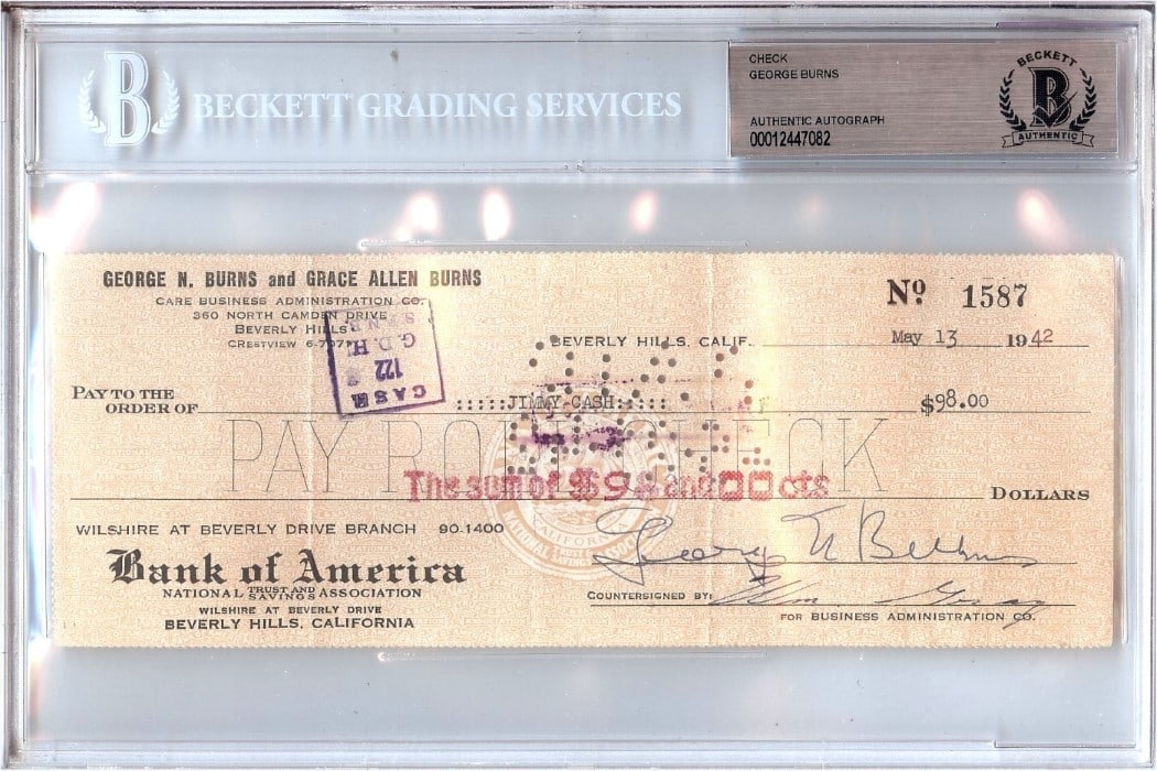 George Burns 1942 Signed Check Authenticated by Beckett: George Burns 1942 Signed Check Authenticated by Beckett This is an original personal check signed by actor George Burns. The autograph has been authenticated by Beckett Authentication. The check origi
